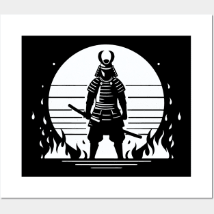 Samurai Warrior standing unfazed in Flames Posters and Art